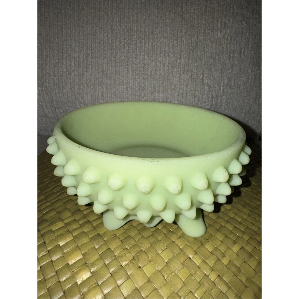 Vintage Fenton Glass Hobnail Bowl Satin Green Yellow Dish Stamped 5.5”